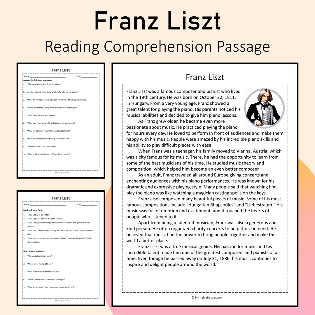 Franz Liszt | Reading Comprehension Passage Printable Activity
