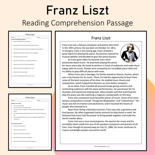 Franz Liszt | Reading Comprehension Passage Printable Activity