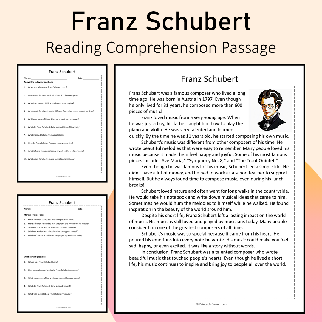 Franz Schubert | Reading Comprehension Passage Printable Activity