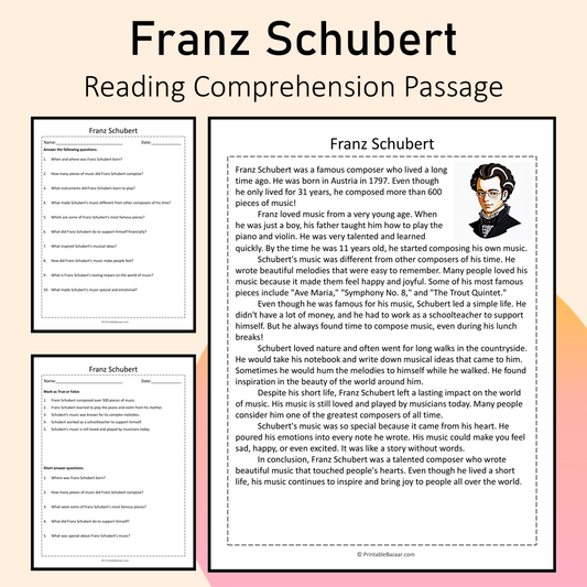 Franz Schubert | Reading Comprehension Passage Printable Activity