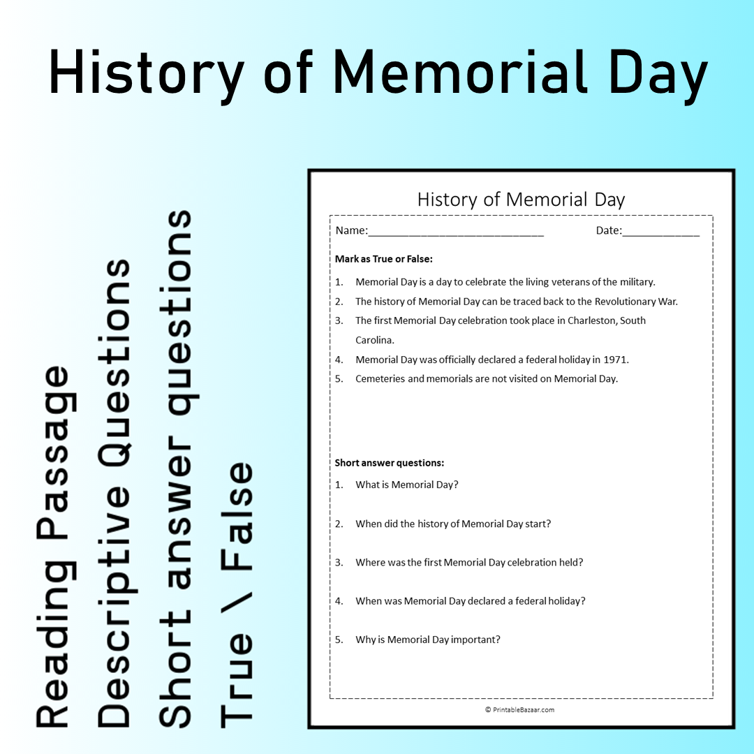 History of Memorial Day | Reading Comprehension Passage Printable Worksheet