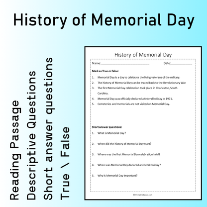 History of Memorial Day | Reading Comprehension Passage Printable Worksheet