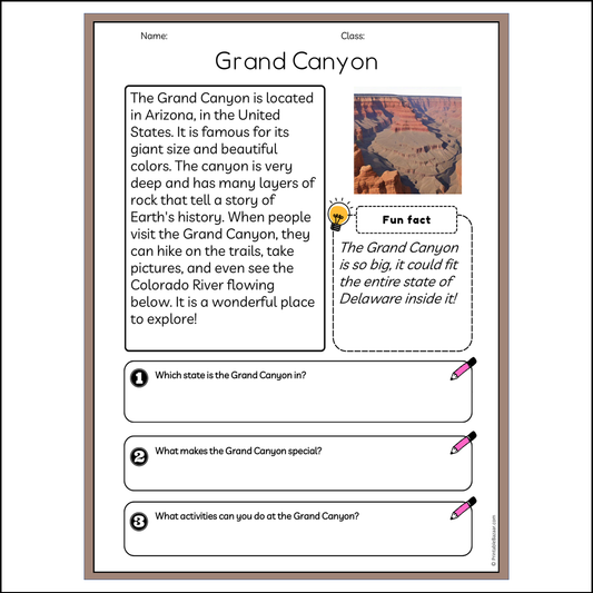 Grand Canyon | Reading Passage Comprehension Questions Writing Facts Worksheet