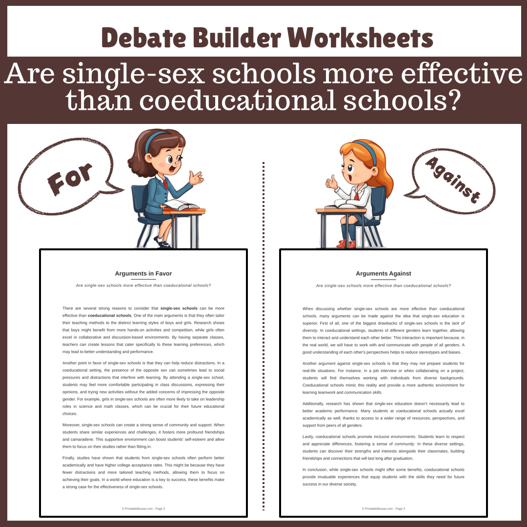 Are single-sex schools more effective than coeducational schools? | Favour and Against Worksheet Printable Activity