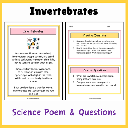 Invertebrates | Science Poem Reading Comprehension Activity