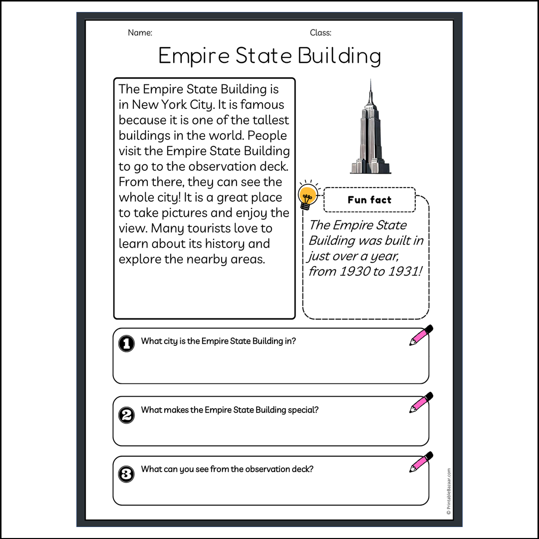 Empire State Building | Reading Passage Comprehension Questions Writing Facts Worksheet