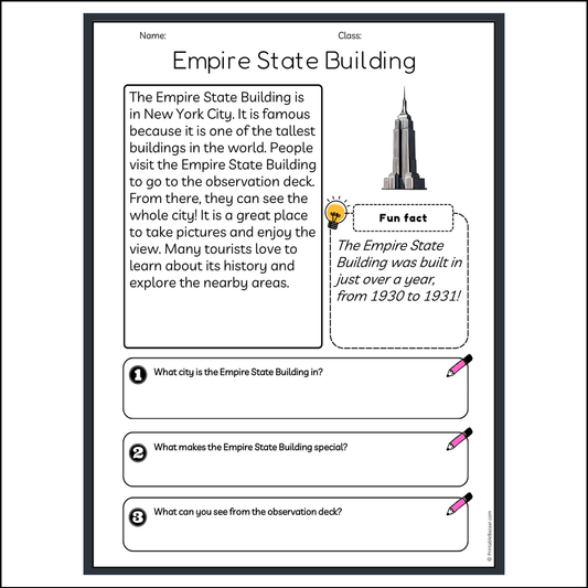 Empire State Building | Reading Passage Comprehension Questions Writing Facts Worksheet
