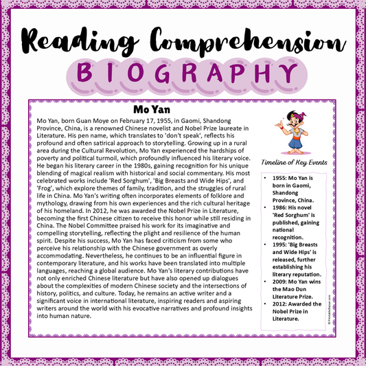 Mo Yan | Biography Reading Comprehension and Questions Worksheet