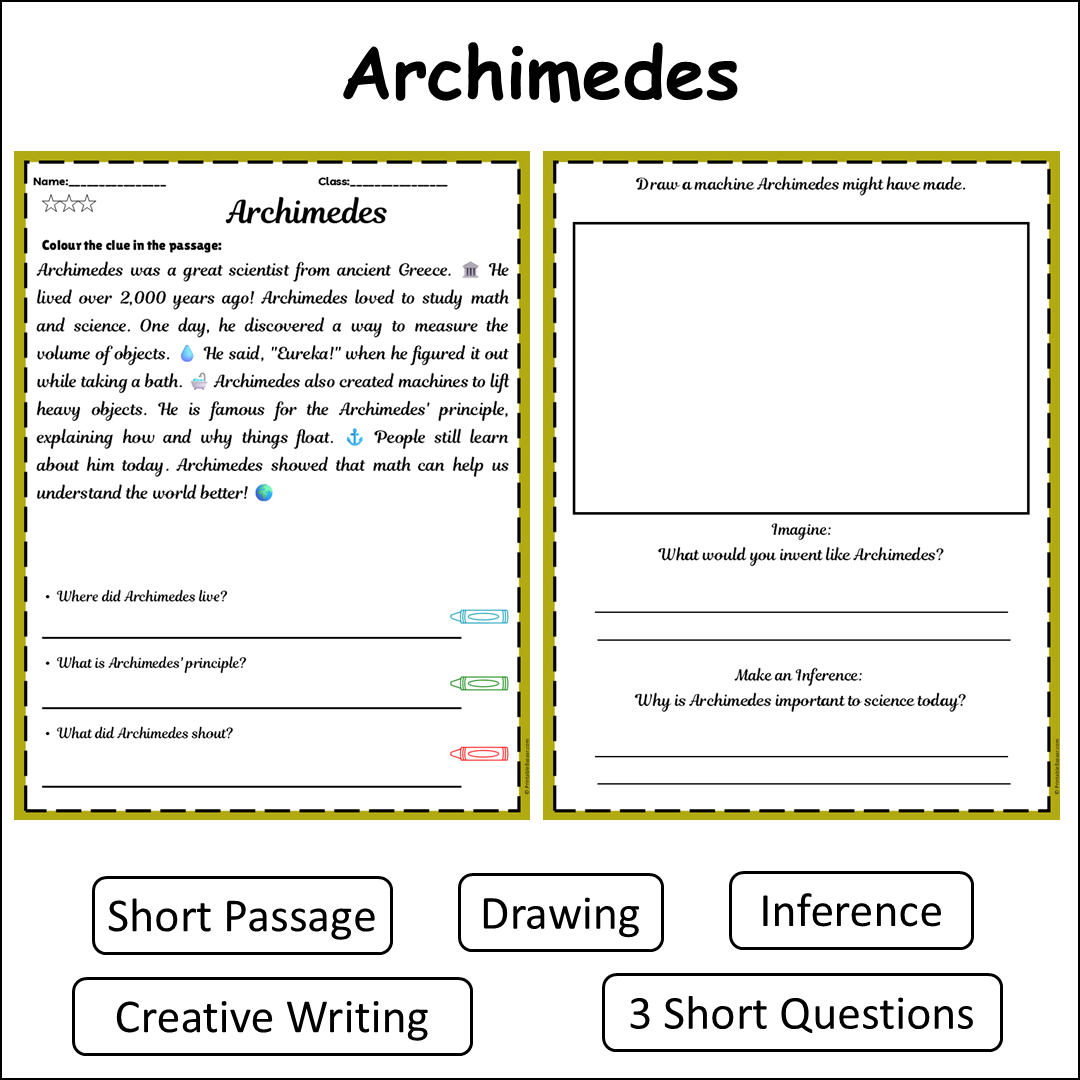 Archimedes | Short Reading Comprehension Creative Worksheet