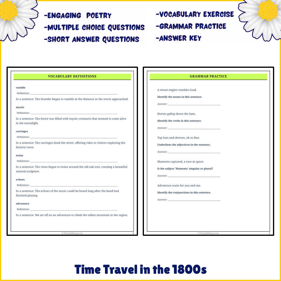 Time Travel in the 1800s | Poem Grammar Worksheet Printable Activity