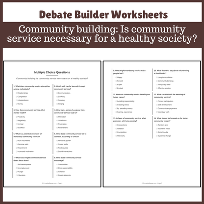 Community building: Is community service necessary for a healthy society? | Favour and Against Worksheet Printable Activity