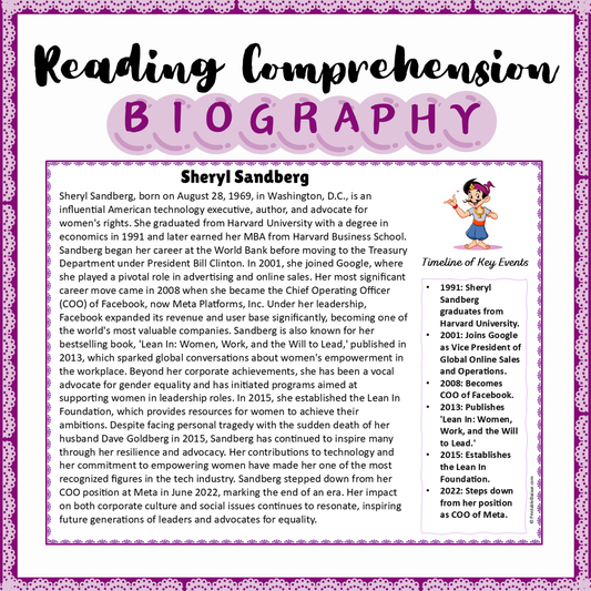 Sheryl Sandberg | Biography Reading Comprehension and Questions Worksheet