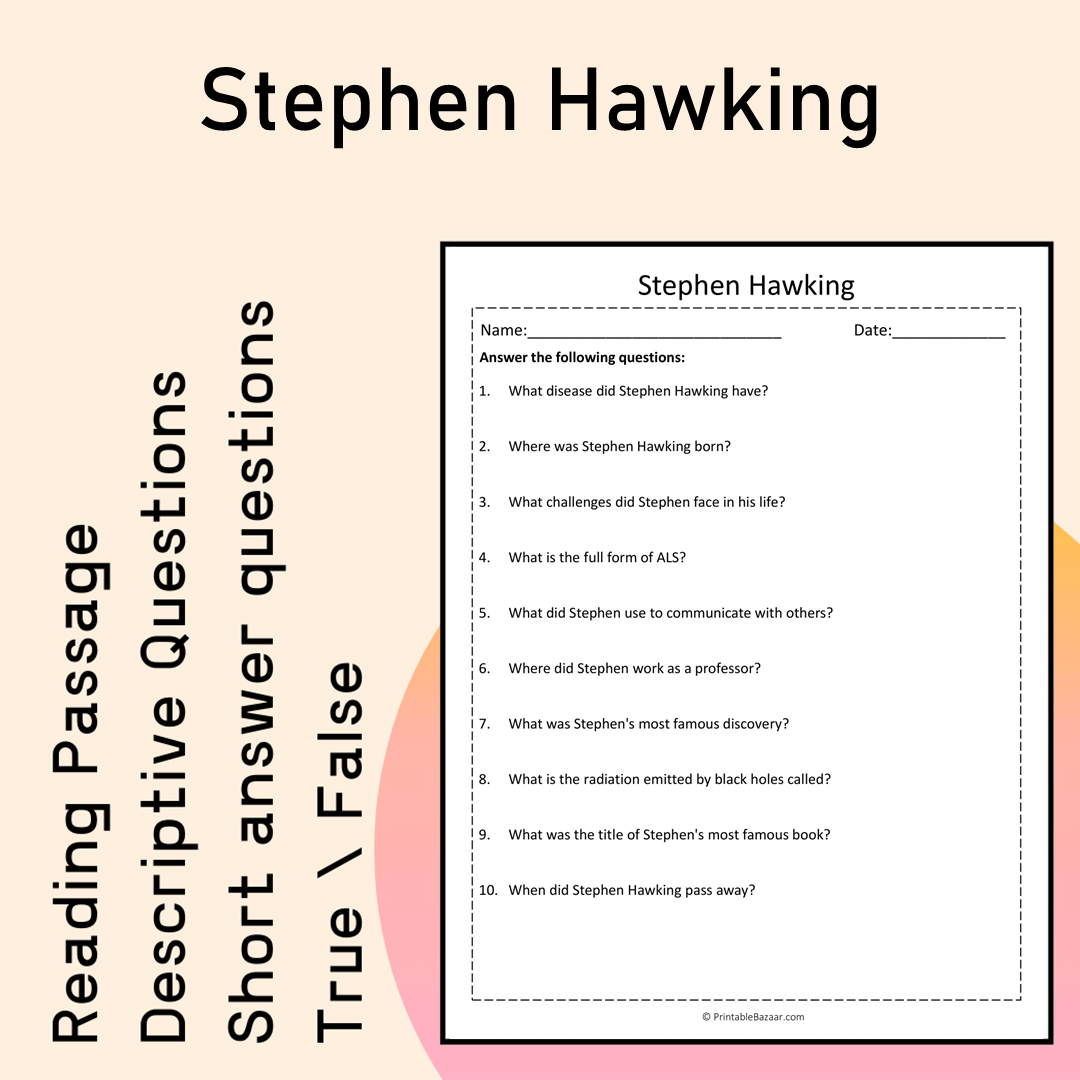 Stephen Hawking | Reading Comprehension Passage Printable Activity