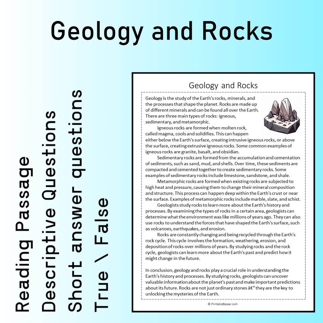 Geology and Rocks | Reading Comprehension Passage Printable Worksheet