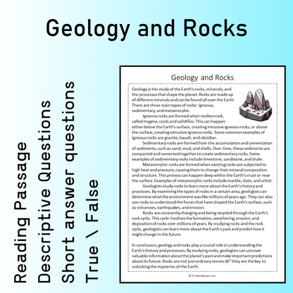 Geology and Rocks | Reading Comprehension Passage Printable Worksheet