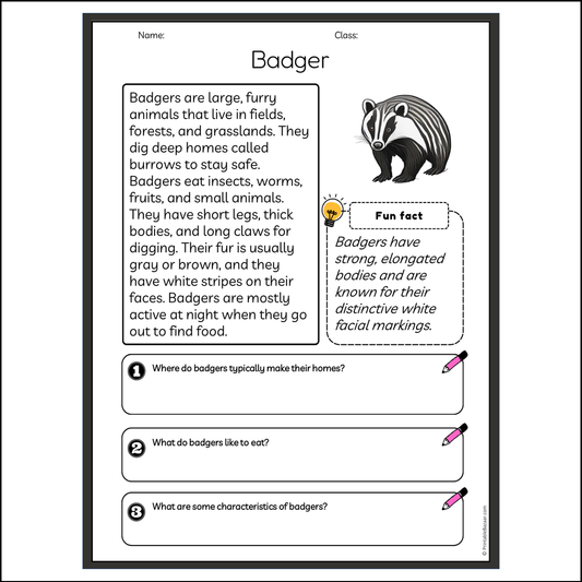 Badger | Reading Passage Comprehension Questions Writing Facts Worksheet