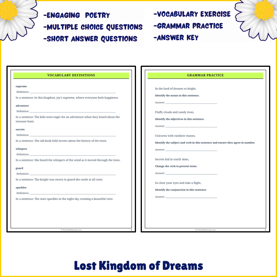 Lost Kingdom of Dreams | Poem Grammar Worksheet Printable Activity