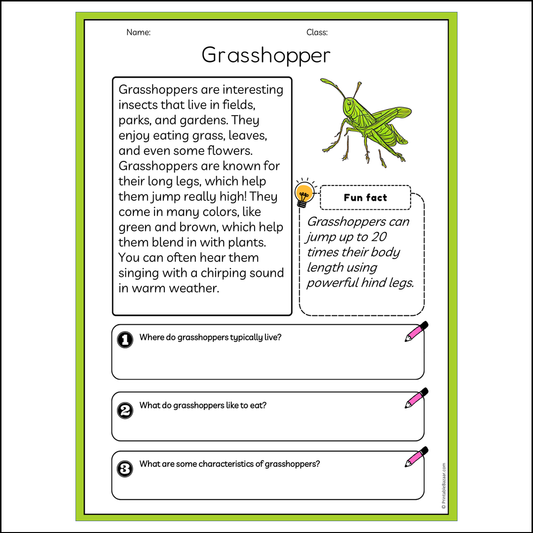 Grasshopper | Reading Passage Comprehension Questions Writing Facts Worksheet