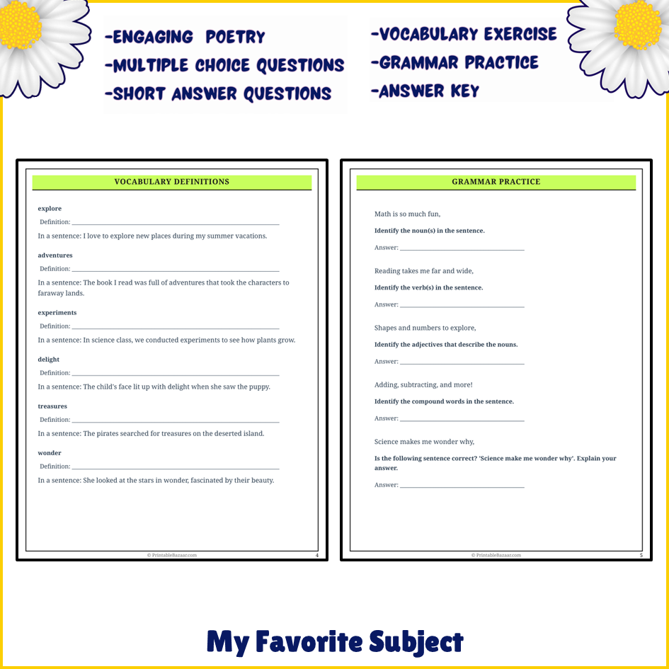 My Favorite Subject | Poem Grammar Worksheet Printable Activity