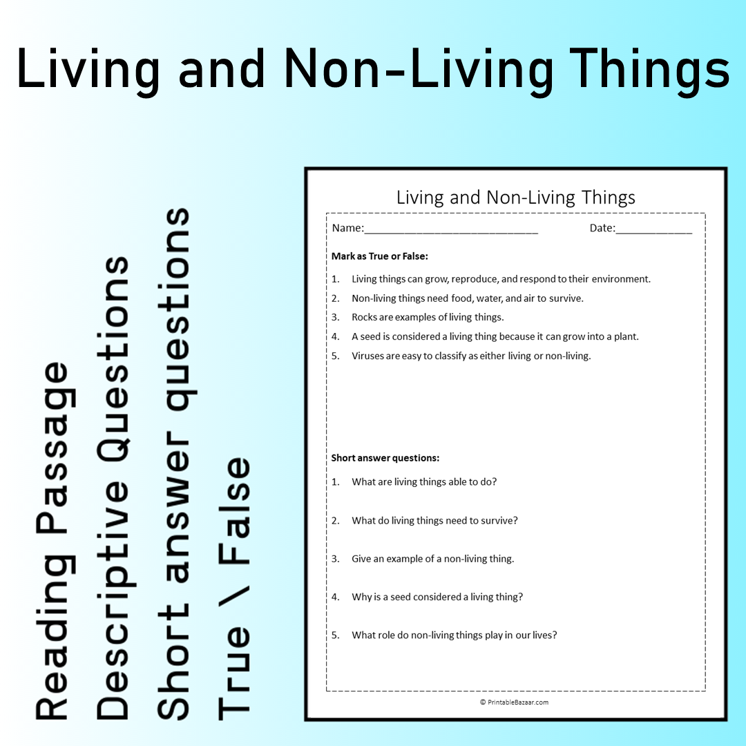 Living and Non-Living Things | Reading Comprehension Passage Printable Worksheet