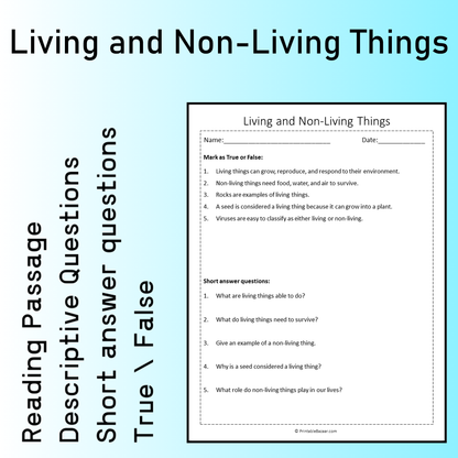 Living and Non-Living Things | Reading Comprehension Passage Printable Worksheet