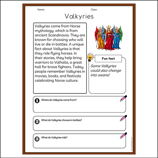 Valkyries | Reading Passage Comprehension Questions Writing Facts Worksheet