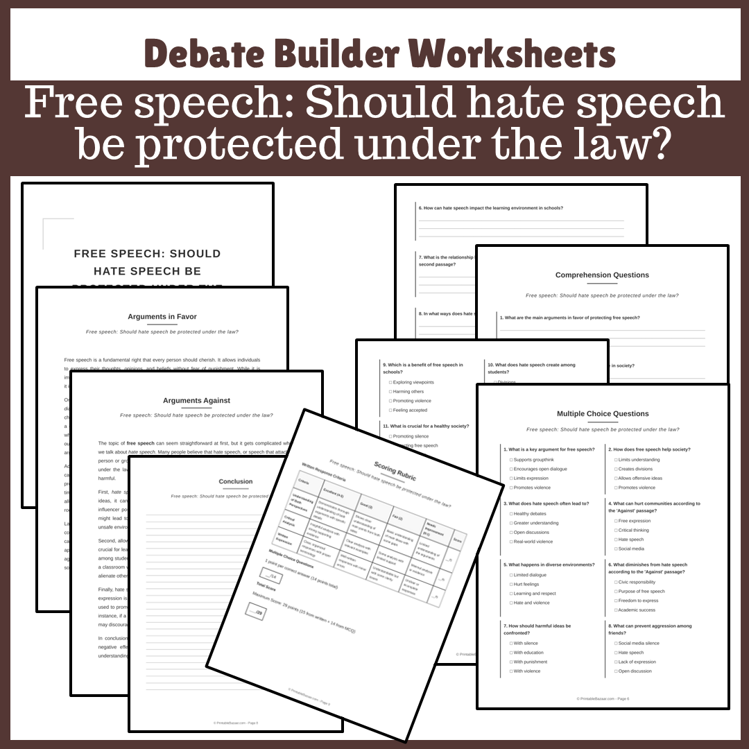 Free speech: Should hate speech be protected under the law? | Favour and Against Worksheet Printable Activity