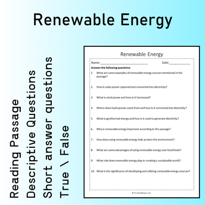Renewable Energy | Reading Comprehension Passage Printable Worksheet