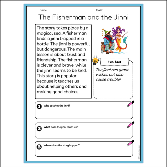 The Fisherman and the Jinni | Reading Passage Comprehension Questions Writing Facts Worksheet