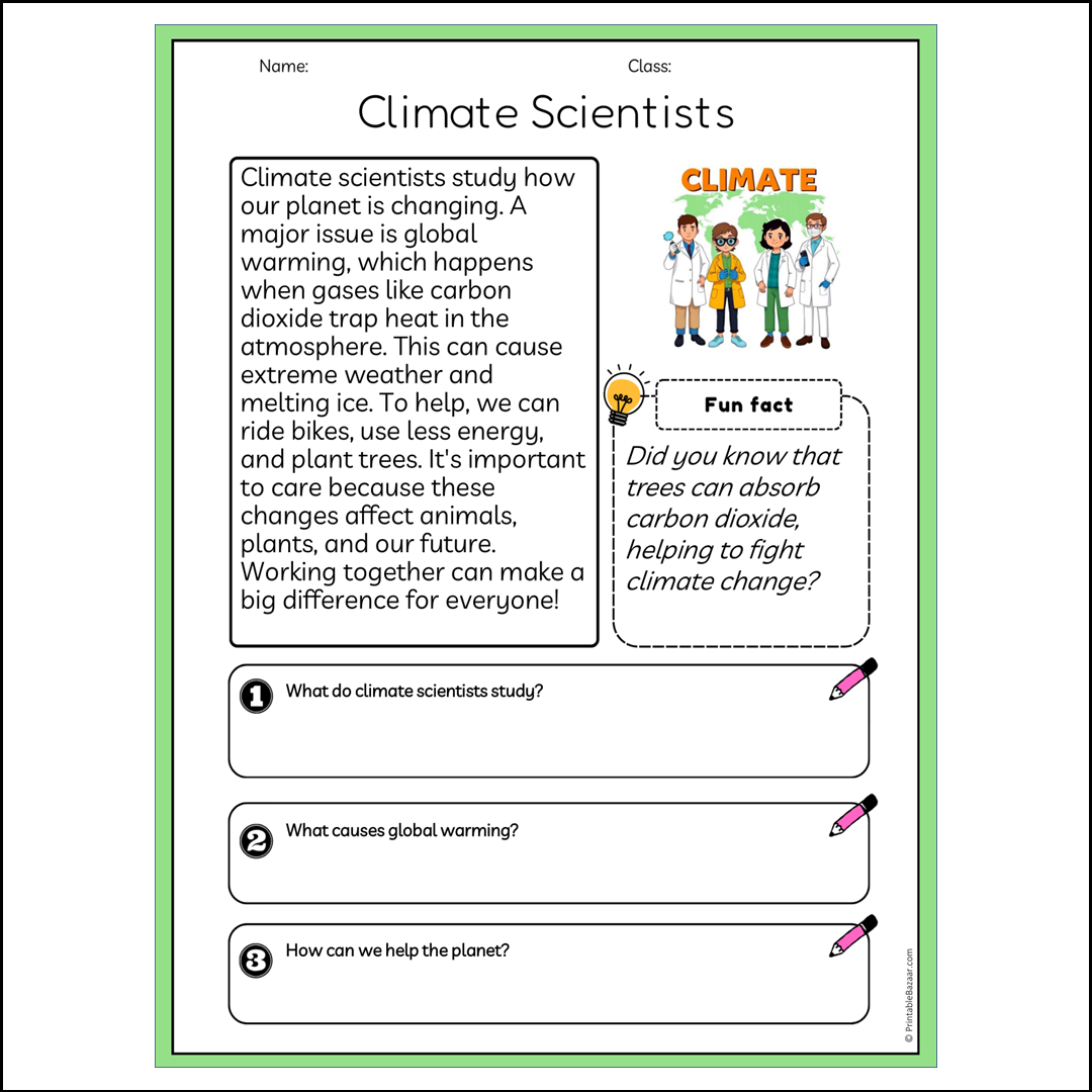 Climate Scientists | Reading Passage Comprehension Questions Writing Facts Worksheet