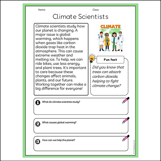 Climate Scientists | Reading Passage Comprehension Questions Writing Facts Worksheet