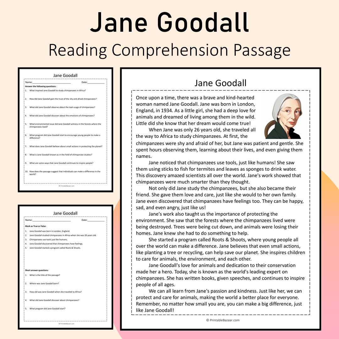 Jane Goodall | Reading Comprehension Passage Printable Activity