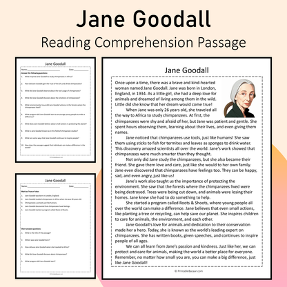 Jane Goodall | Reading Comprehension Passage Printable Activity