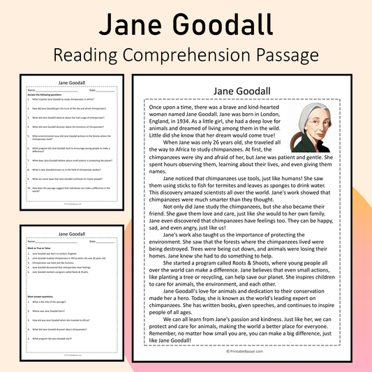 Jane Goodall | Reading Comprehension Passage Printable Activity