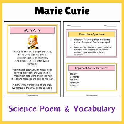 Marie Curie | Science Poem Reading Comprehension Activity