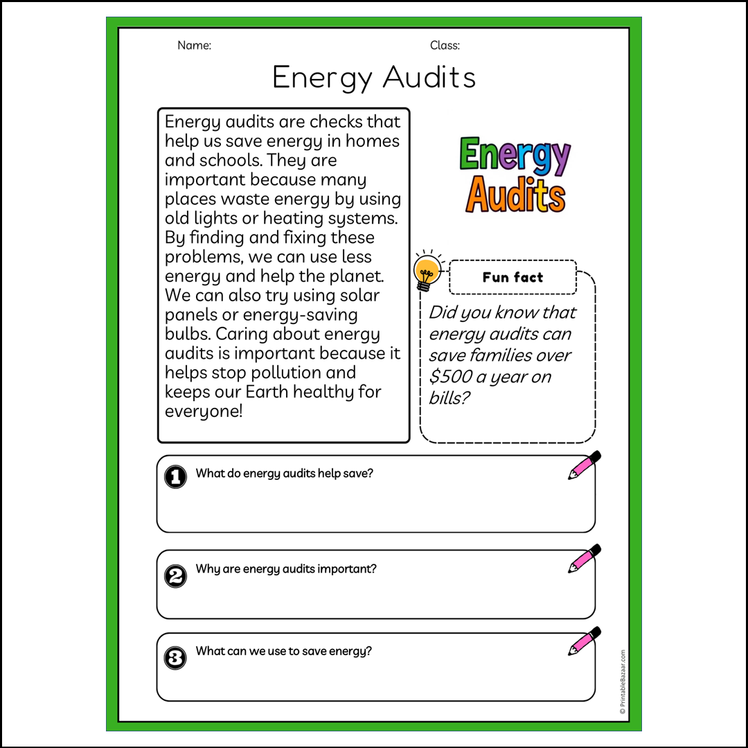 Energy Audits | Reading Passage Comprehension Questions Writing Facts Worksheet