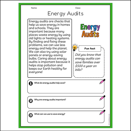 Energy Audits | Reading Passage Comprehension Questions Writing Facts Worksheet