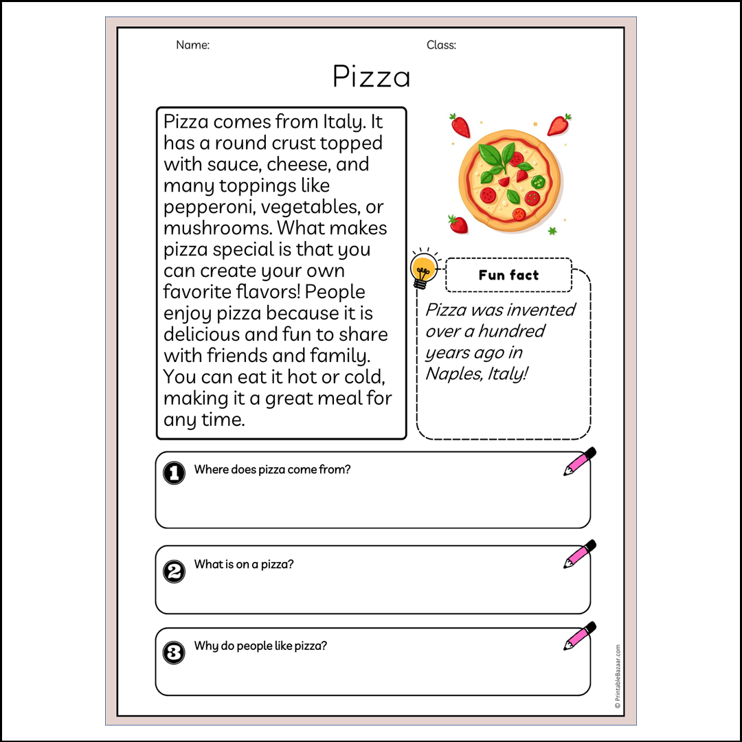 Pizza | Reading Passage Comprehension Questions Writing Facts Worksheet