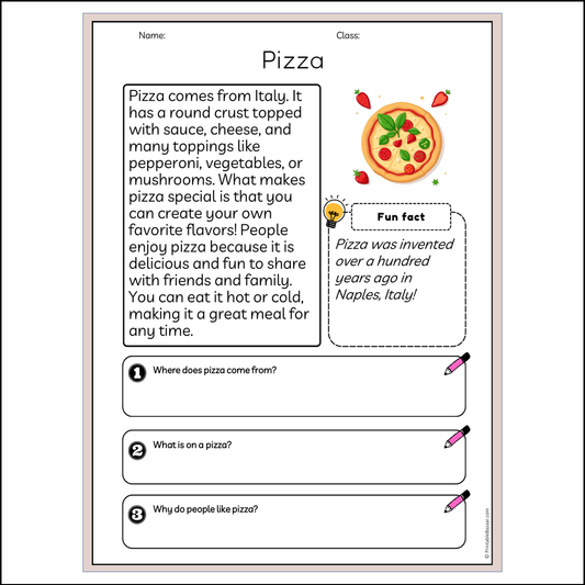 Pizza | Reading Passage Comprehension Questions Writing Facts Worksheet