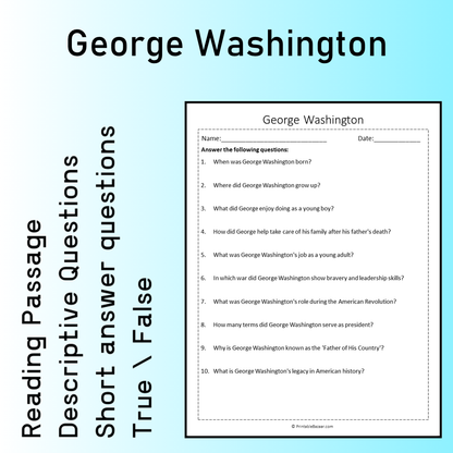 George Washington | Reading Comprehension Passage Printable Worksheet