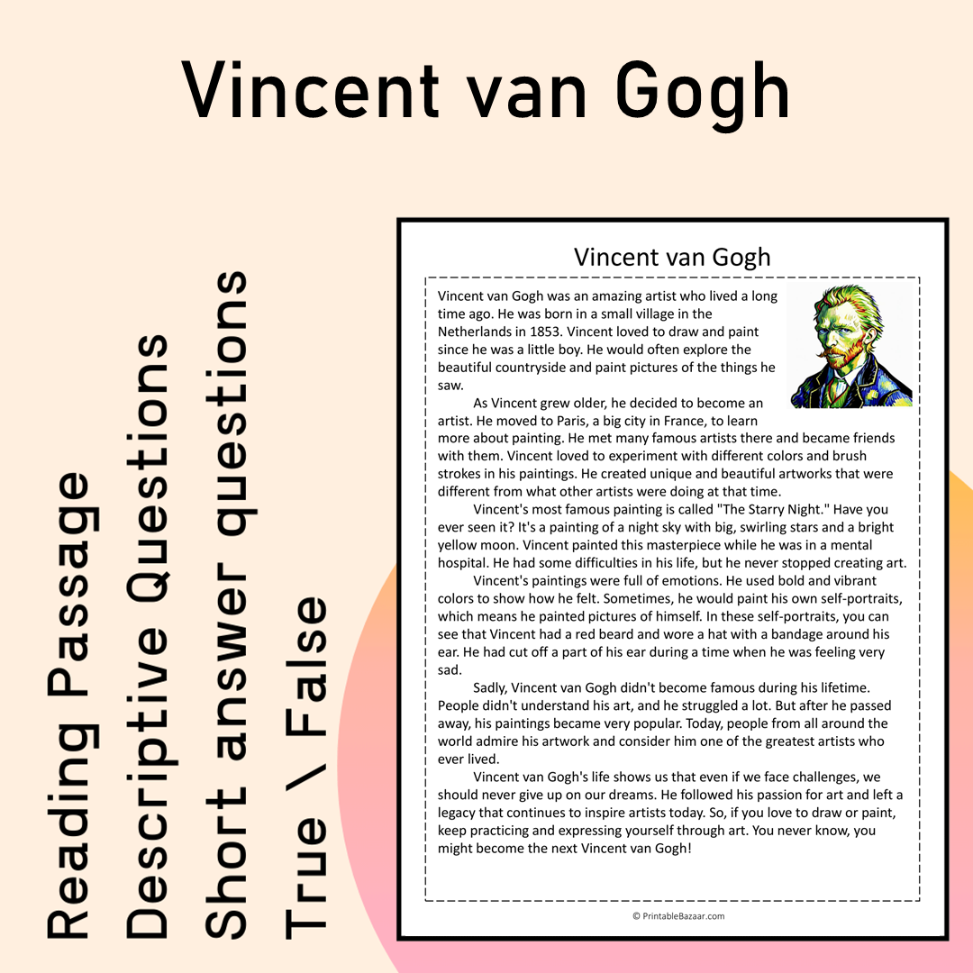 Vincent van Gogh | Reading Comprehension Passage Printable Activity