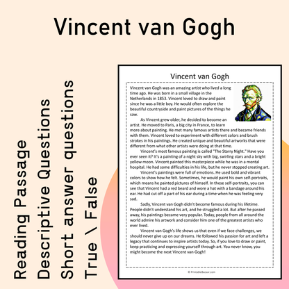 Vincent van Gogh | Reading Comprehension Passage Printable Activity