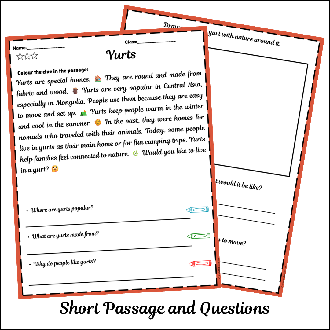 Yurts | Short Reading Comprehension Creative Worksheet