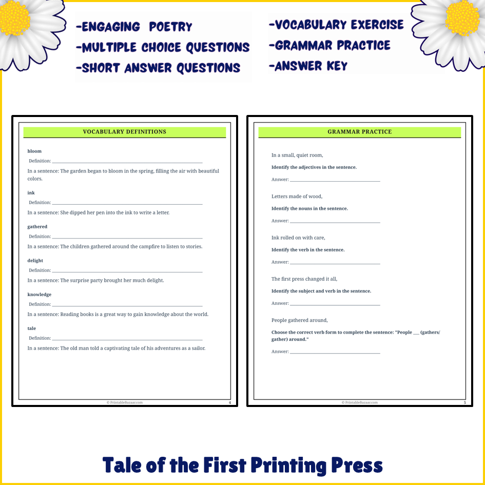 Tale of the First Printing Press | Poem Grammar Worksheet Printable Activity