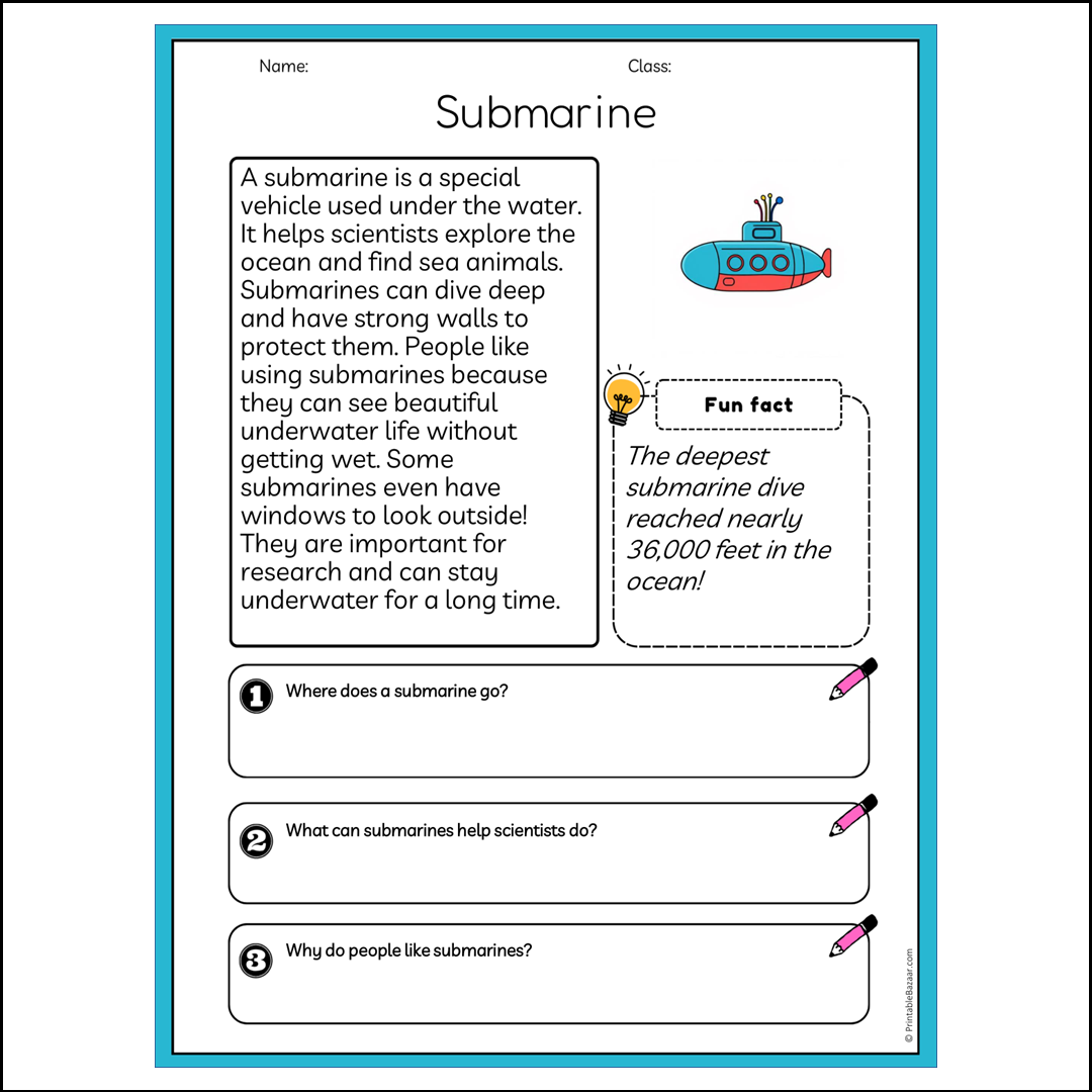 Submarine | Reading Passage Comprehension Questions Writing Facts Worksheet