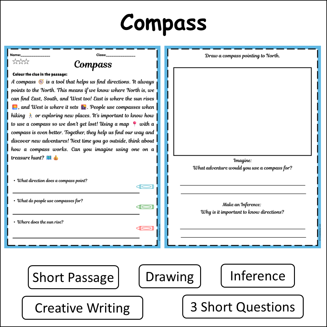 Compass | Short Reading Comprehension Creative Worksheet