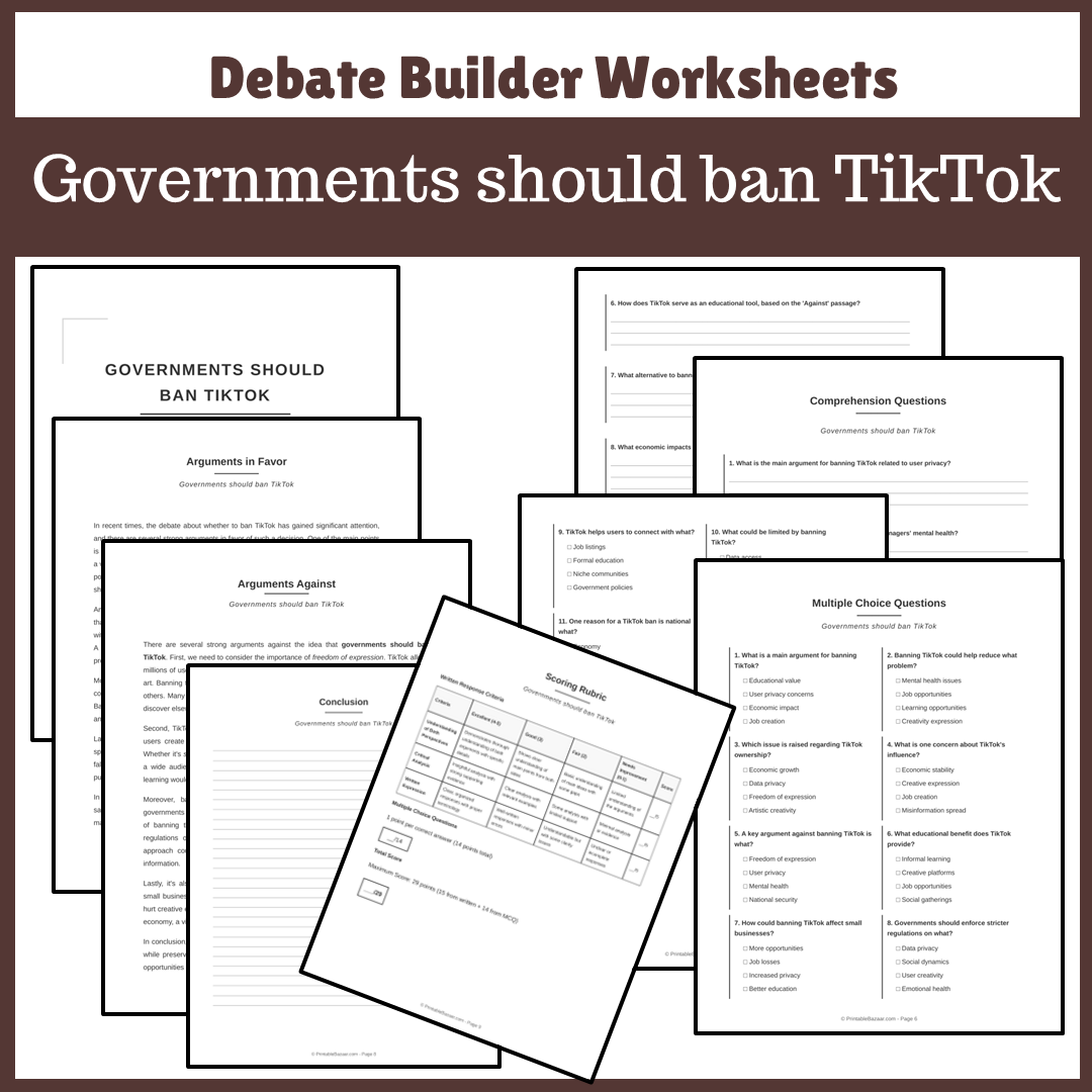 Governments should ban TikTok | Favour and Against Worksheet Printable Activity
