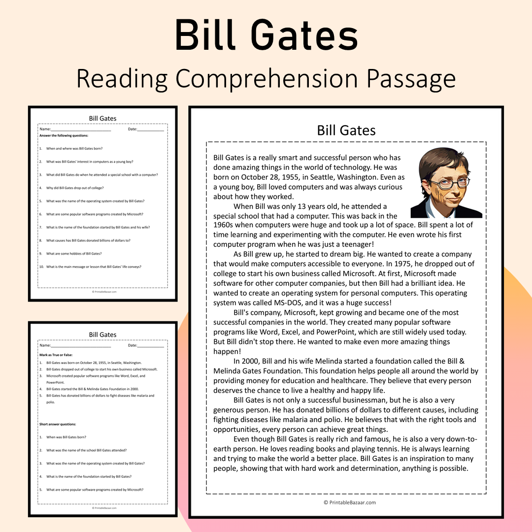 Bill Gates | Reading Comprehension Passage Printable Activity ...