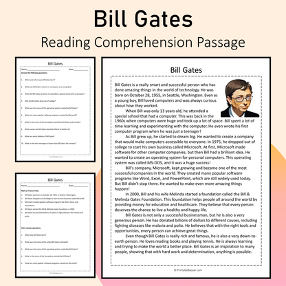 Bill Gates | Reading Comprehension Passage Printable Activity