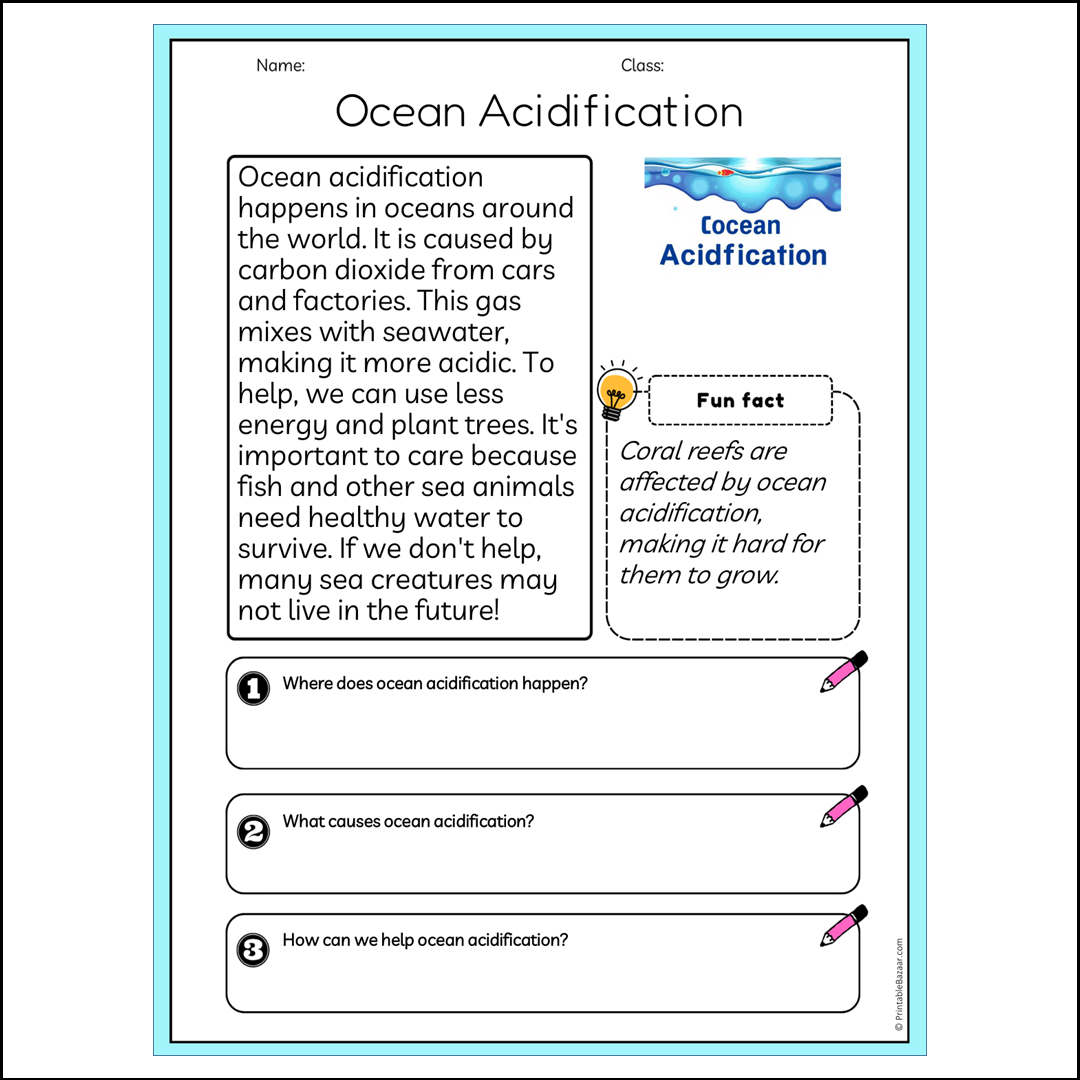 Ocean Acidification | Reading Passage Comprehension Questions Writing Facts Worksheet